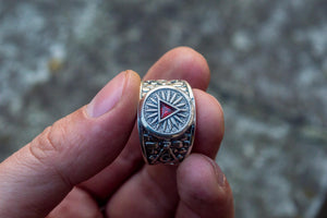 Masonic Ring with Red Cubic Zirconia Sterling Silver Handcrafted Jewelry - vikingworkshop