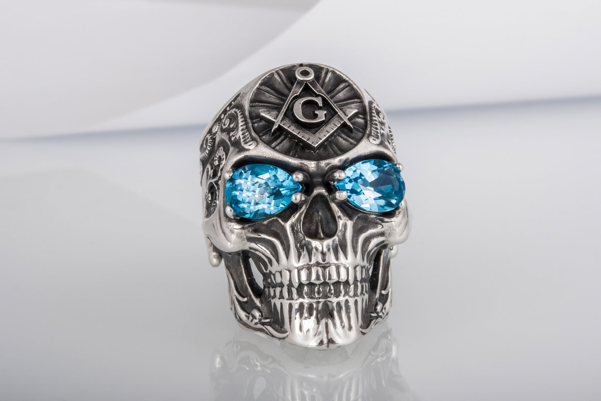 Skull Ring with Masonic Symbol and Gem Sterling Silver Unique Handmade Jewelry - vikingworkshop