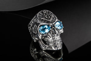 Skull Ring with Masonic Symbol and Gem Sterling Silver Unique Handmade Jewelry - vikingworkshop