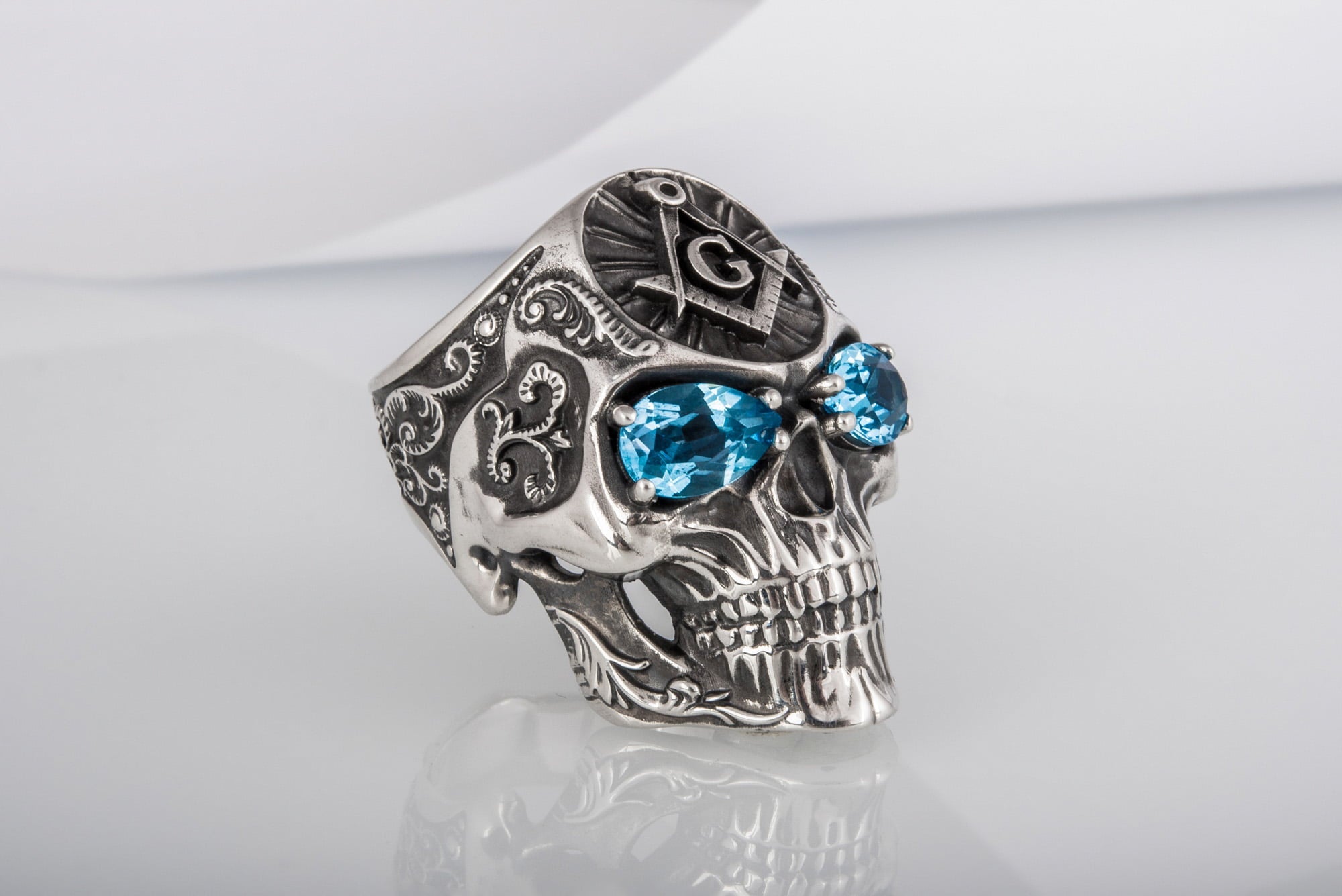 Skull Ring with Masonic Symbol and Gem Sterling Silver Unique Handmade Jewelry - vikingworkshop