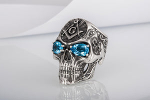 Skull Ring with Masonic Symbol and Gem Sterling Silver Unique Handmade Jewelry - vikingworkshop