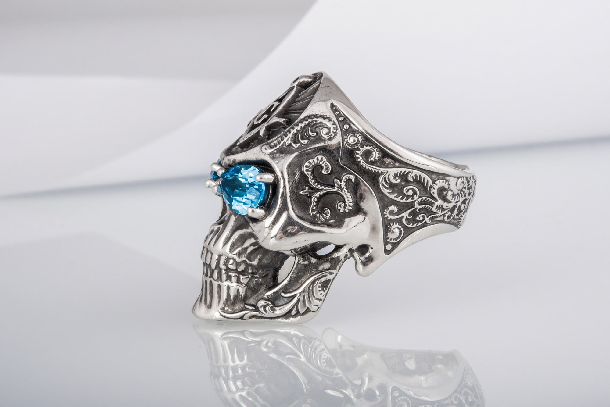 Skull Ring with Masonic Symbol and Gem Sterling Silver Unique Handmade Jewelry - vikingworkshop