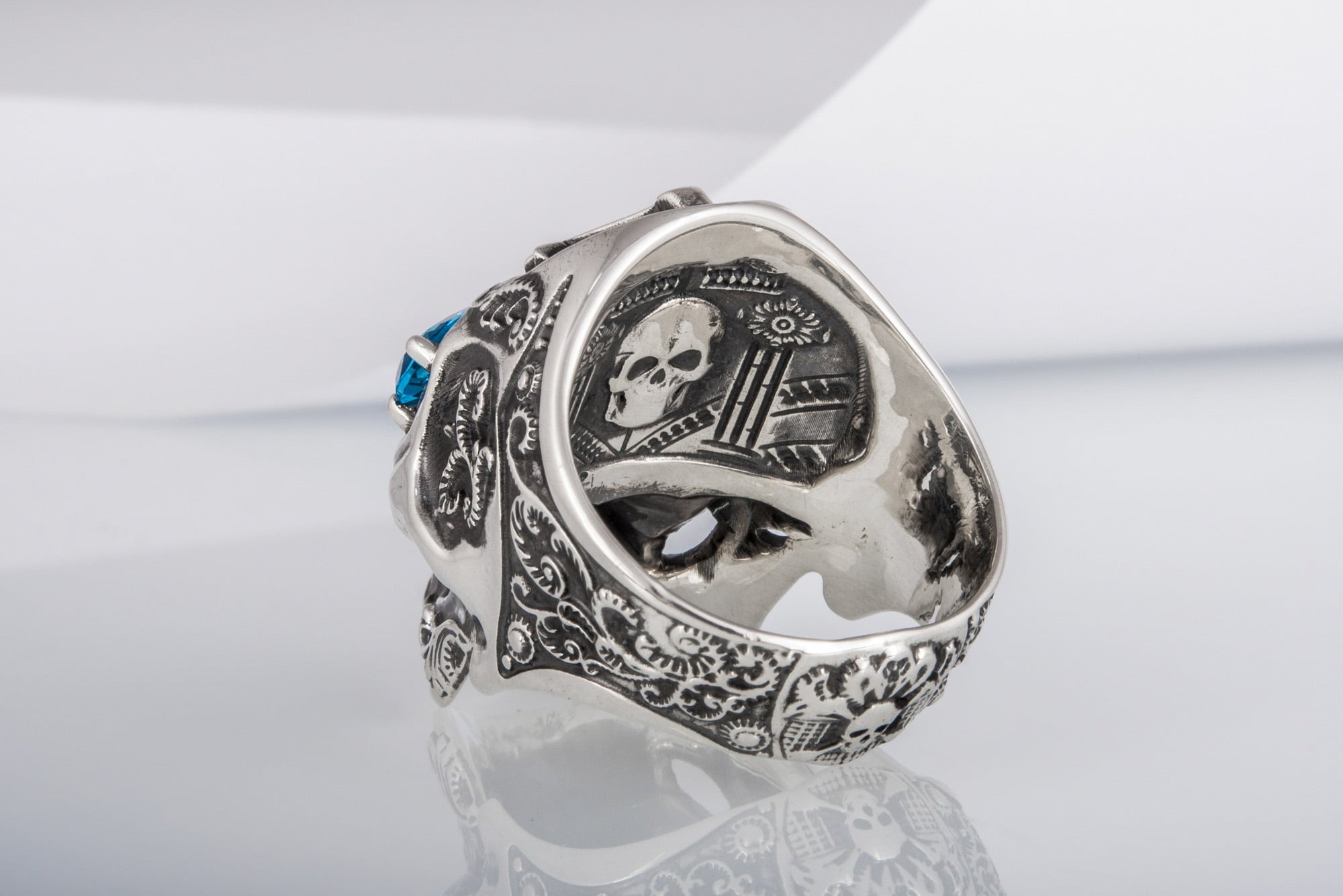 Skull Ring with Masonic Symbol and Gem Sterling Silver Unique Handmade Jewelry - vikingworkshop