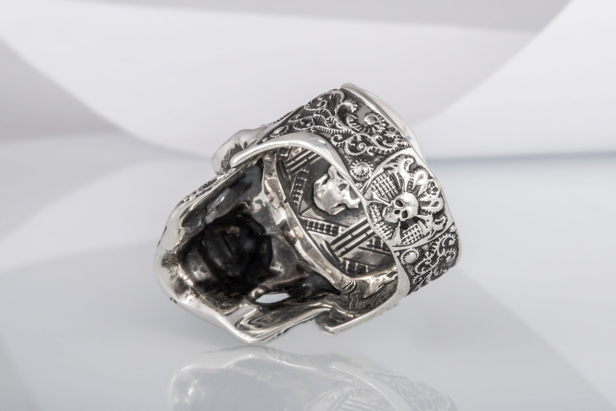 Skull Ring with Masonic Symbol and Gem Sterling Silver Unique Handmade Jewelry - vikingworkshop