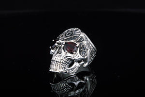 Skull Ring with Masonic Symbol and Garnet Sterling Silver Unique Handmade Jewelry - vikingworkshop