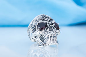 Skull Ring with Masonic Symbol and Garnet Sterling Silver Unique Handmade Jewelry - vikingworkshop