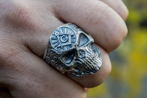 Skull Ring with Masonic Symbol Sterling Silver Unique Handmade Jewelry - vikingworkshop