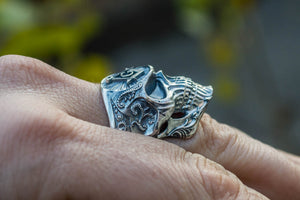 Skull Ring with Masonic Symbol Sterling Silver Unique Handmade Jewelry - vikingworkshop