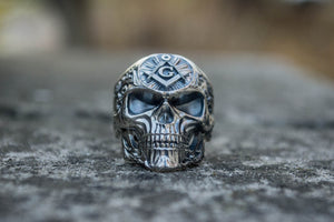 Skull Ring with Masonic Symbol Sterling Silver Unique Handmade Jewelry - vikingworkshop