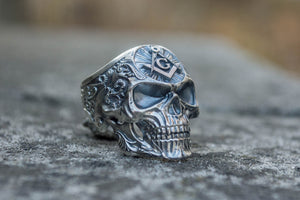 Skull Ring with Masonic Symbol Sterling Silver Unique Handmade Jewelry - vikingworkshop