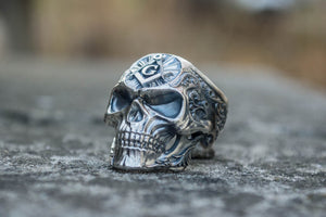 Skull Ring with Masonic Symbol Sterling Silver Unique Handmade Jewelry - vikingworkshop