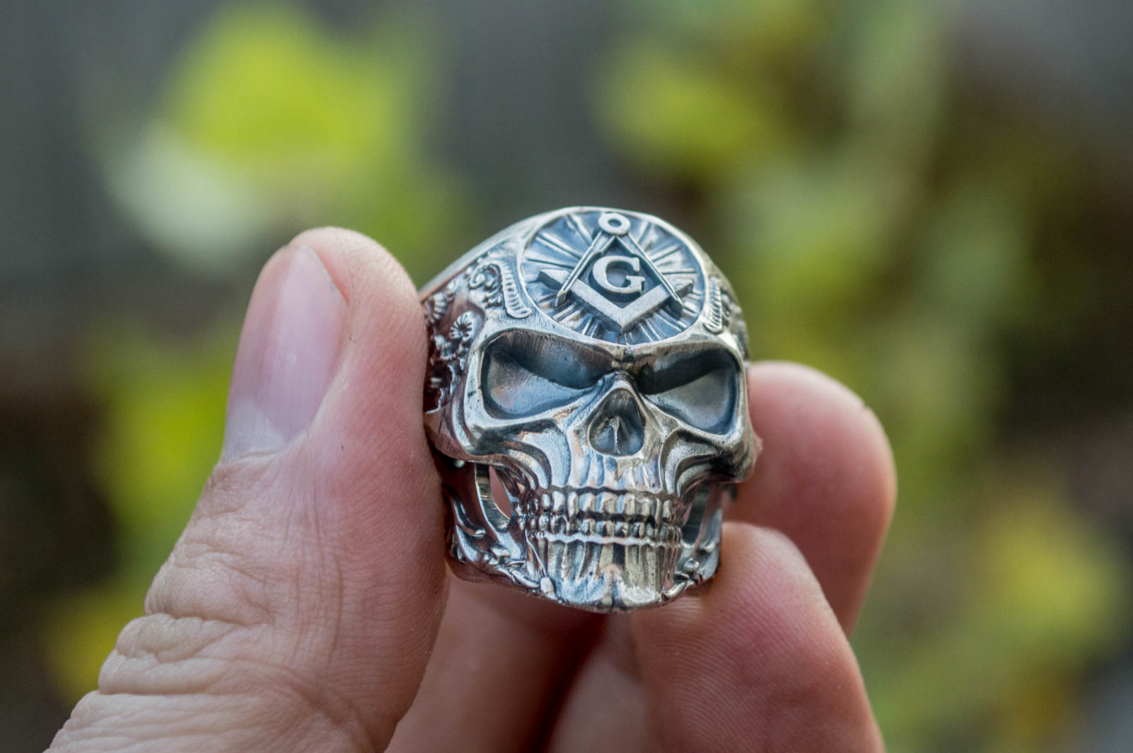 Skull Ring with Masonic Symbol Sterling Silver Unique Handmade Jewelry - vikingworkshop