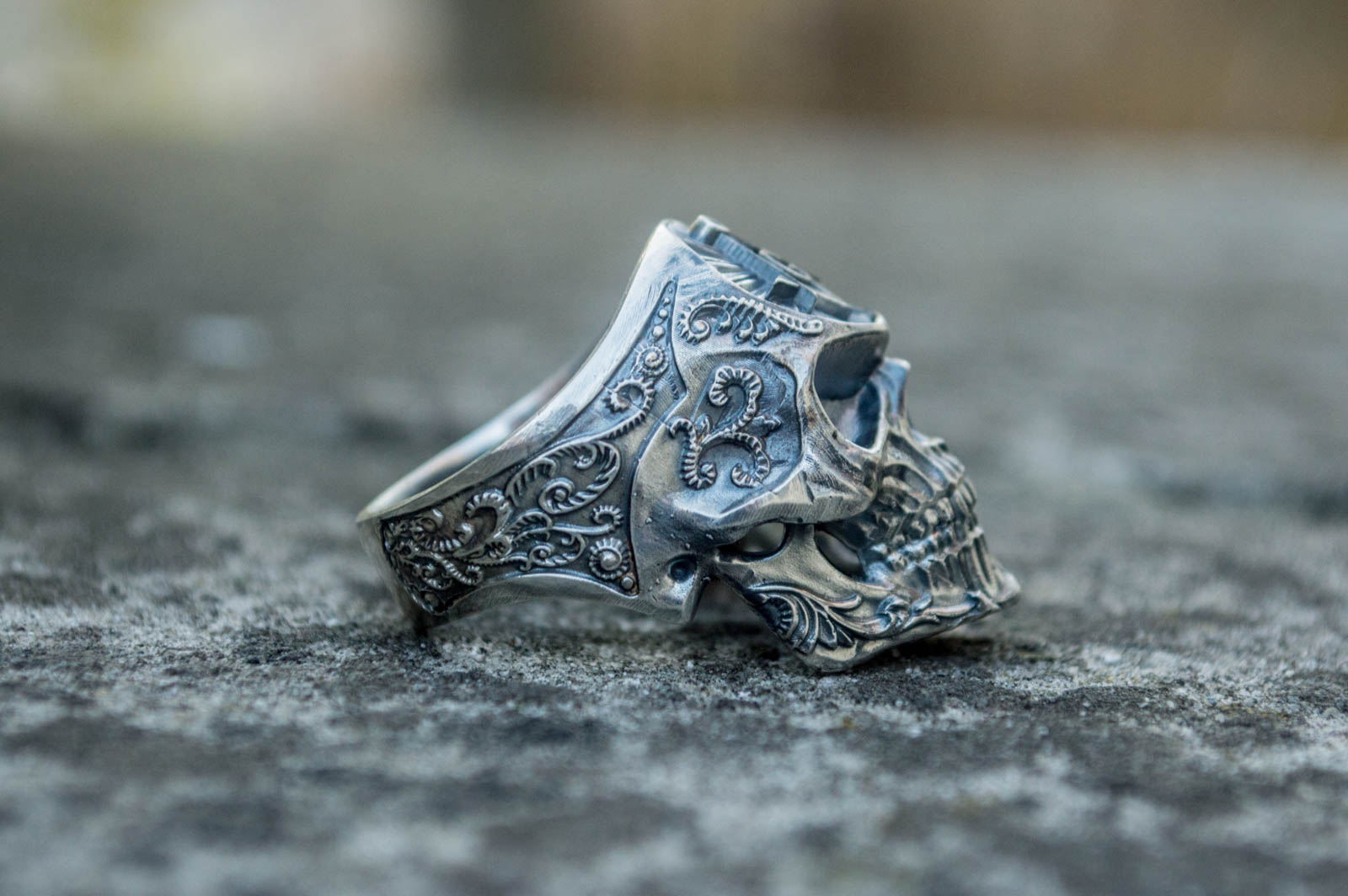 Skull Ring with Masonic Symbol Sterling Silver Unique Handmade Jewelry - vikingworkshop