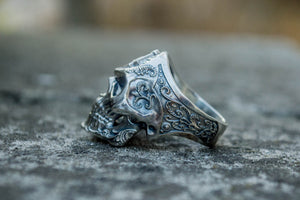 Skull Ring with Masonic Symbol Sterling Silver Unique Handmade Jewelry - vikingworkshop