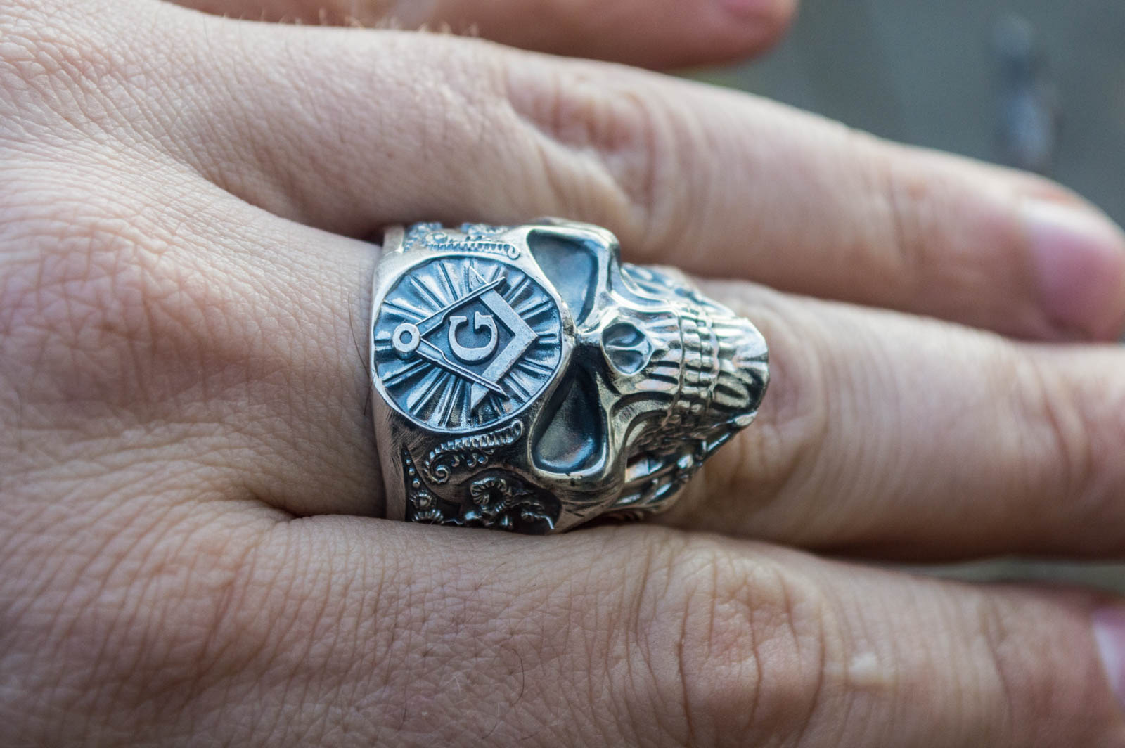 Skull Ring with Masonic Symbol Sterling Silver Unique Handmade Jewelry - vikingworkshop