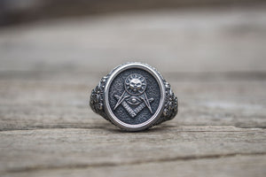 Masonic Symbol Ring with Sun Sterling Silver Handmade Jewelry - vikingworkshop