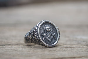 Masonic Symbol Ring with Sun Sterling Silver Handmade Jewelry - vikingworkshop