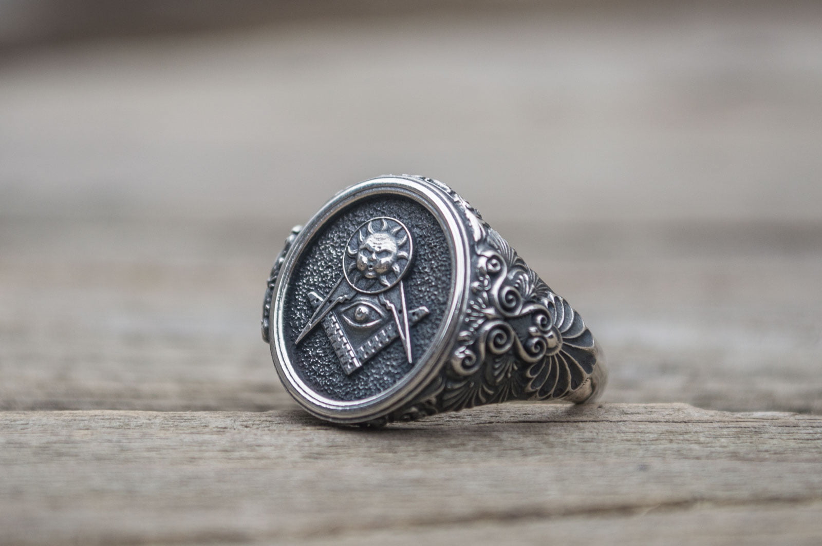 Masonic Symbol Ring with Sun Sterling Silver Handmade Jewelry - vikingworkshop