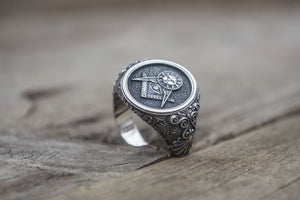 Masonic Symbol Ring with Sun Sterling Silver Handmade Jewelry - vikingworkshop