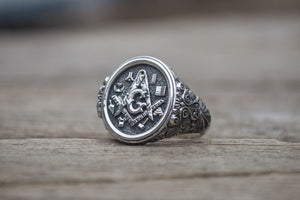 Ring with Masonic Symbols Sterling Silver Handmade Jewelry - vikingworkshop