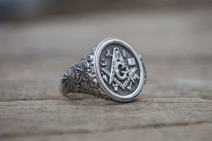 Ring with Masonic Symbols Sterling Silver Handmade Jewelry - vikingworkshop