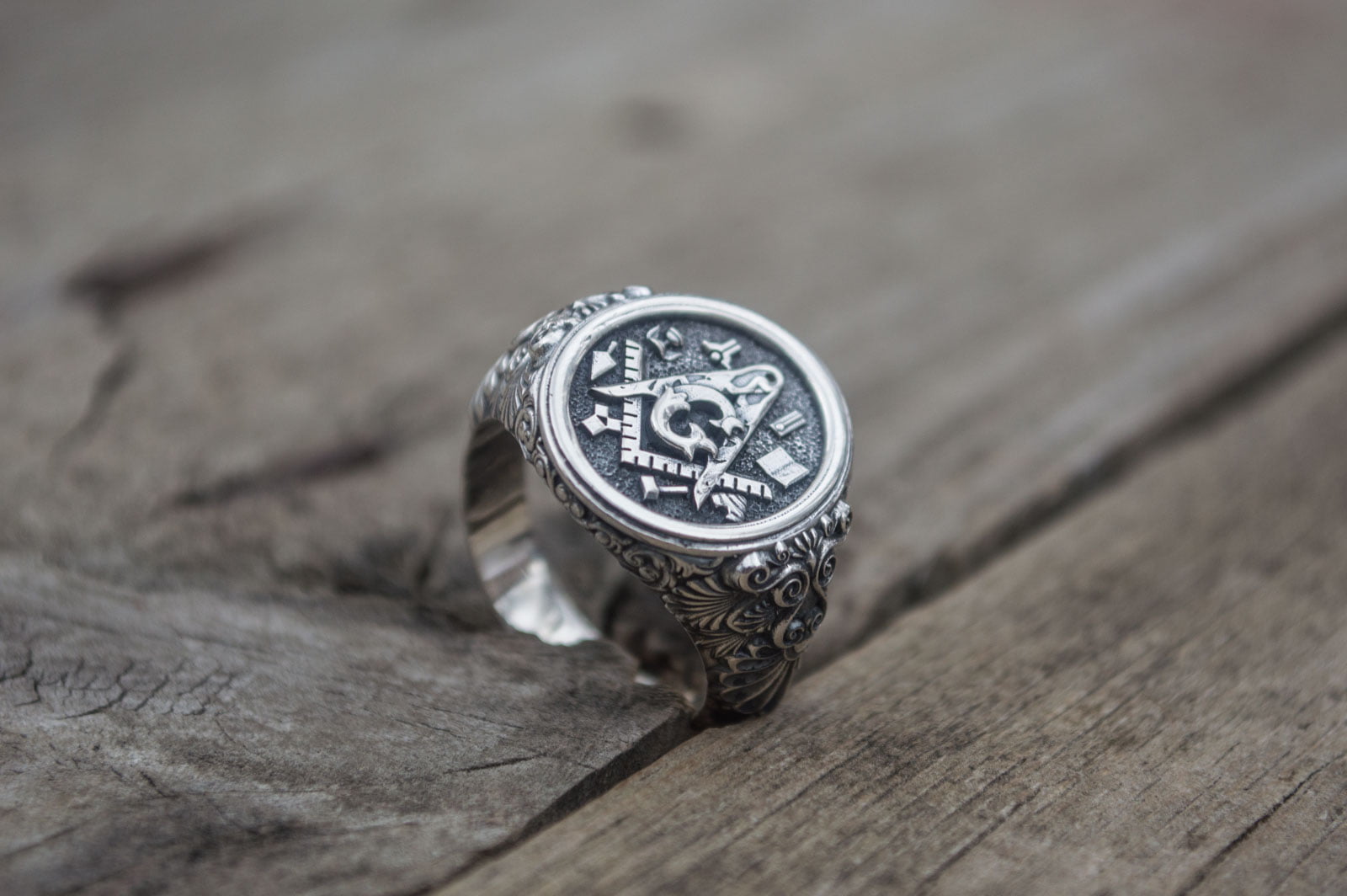 Ring with Masonic Symbols Sterling Silver Handmade Jewelry - vikingworkshop