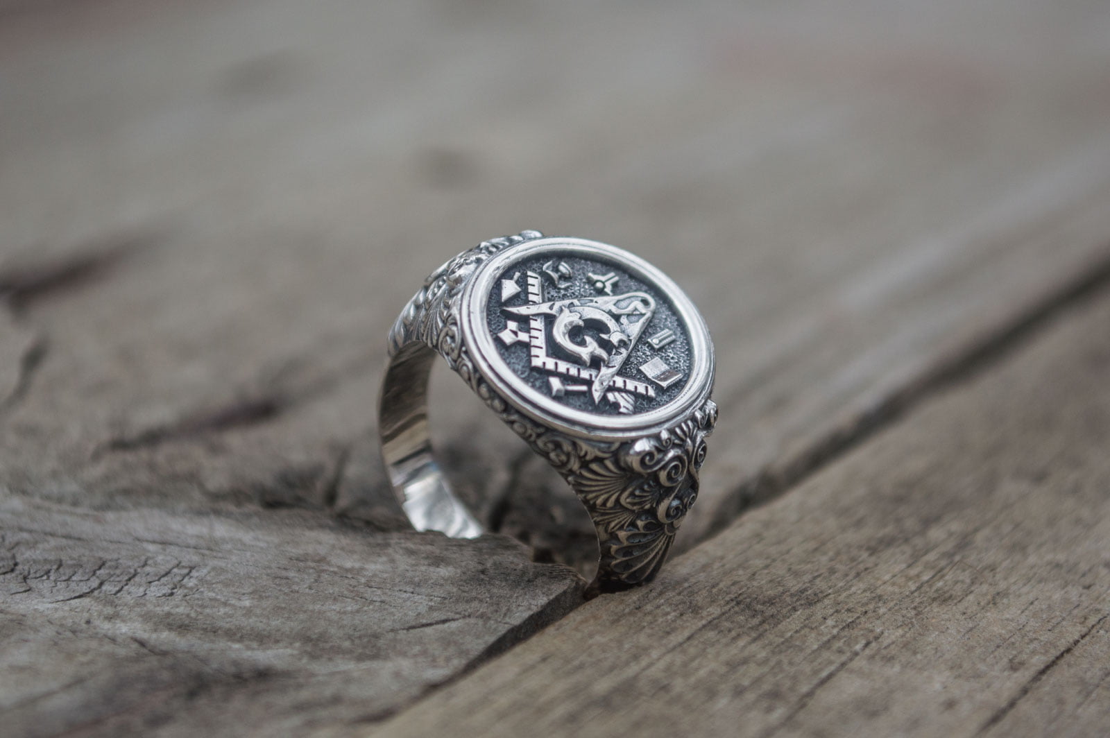 Ring with Masonic Symbols Sterling Silver Handmade Jewelry - vikingworkshop