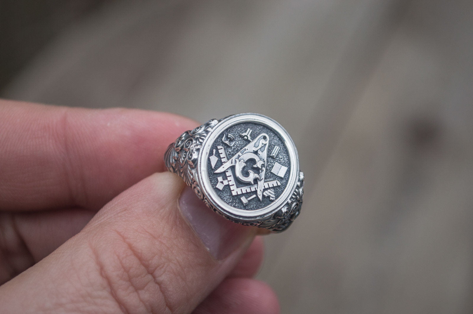 Ring with Masonic Symbols Sterling Silver Handmade Jewelry - vikingworkshop