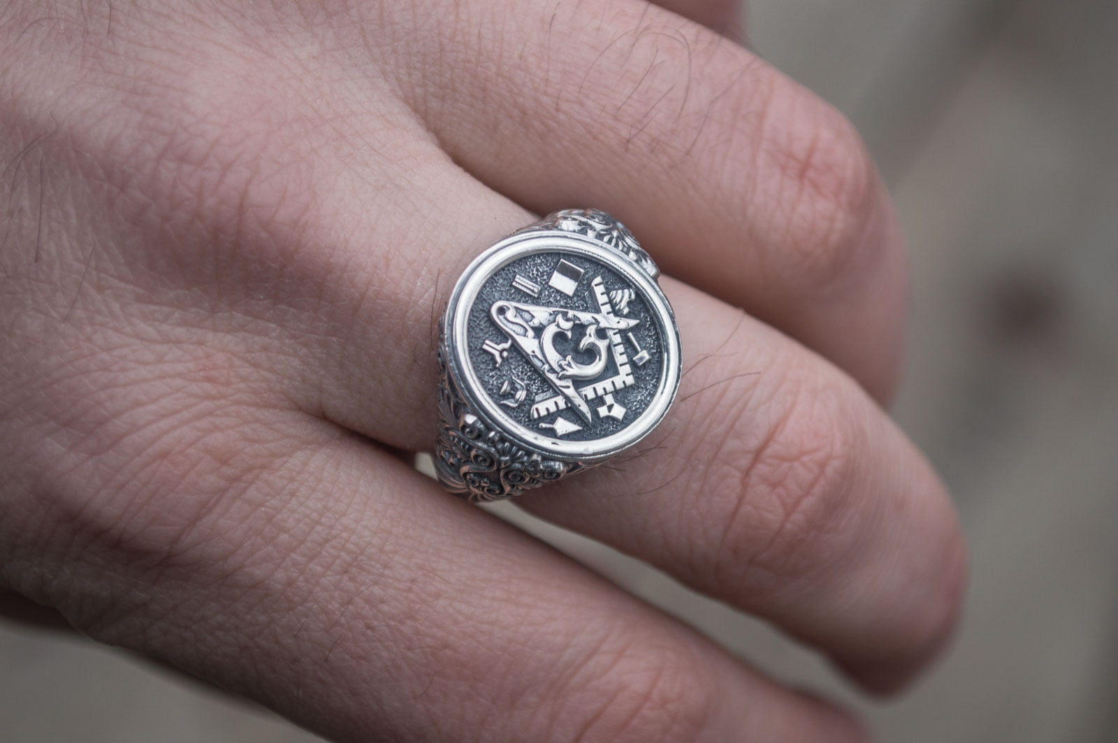 Ring with Masonic Symbols Sterling Silver Handmade Jewelry - vikingworkshop