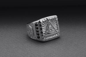 Unique Masonic 950 Platinum Ring with Eye of Providence and G symbol On Sides, Handcrafted Jewelry - vikingworkshop