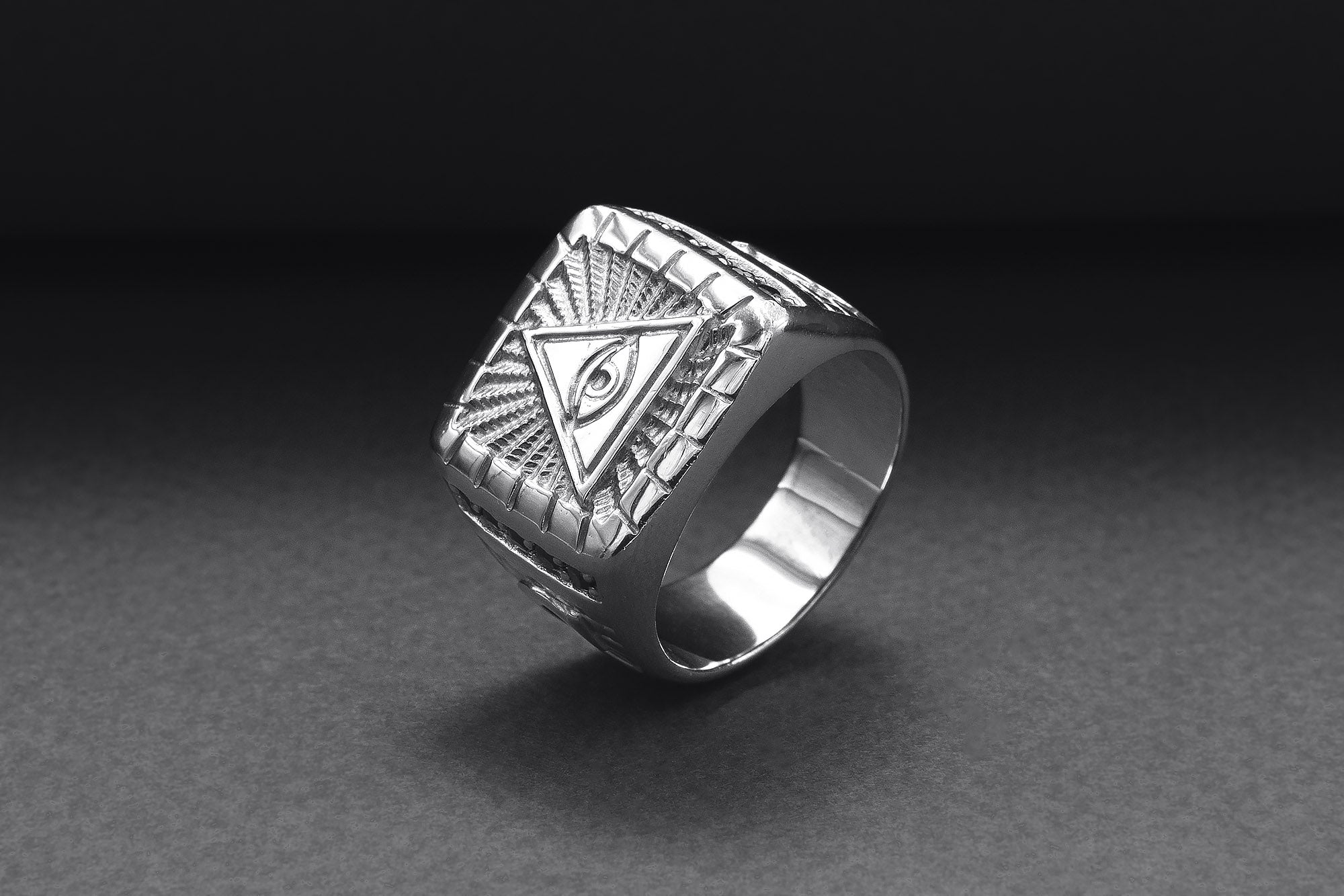 Unique Masonic 950 Platinum Ring with Eye of Providence and G symbol On Sides, Handcrafted Jewelry - vikingworkshop