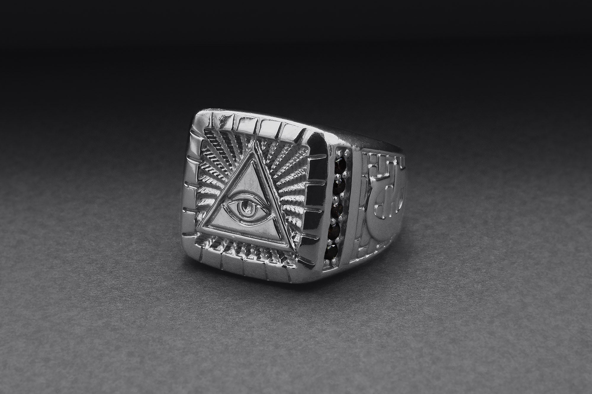 Unique Masonic 950 Platinum Ring with Eye of Providence and G symbol On Sides, Handcrafted Jewelry - vikingworkshop