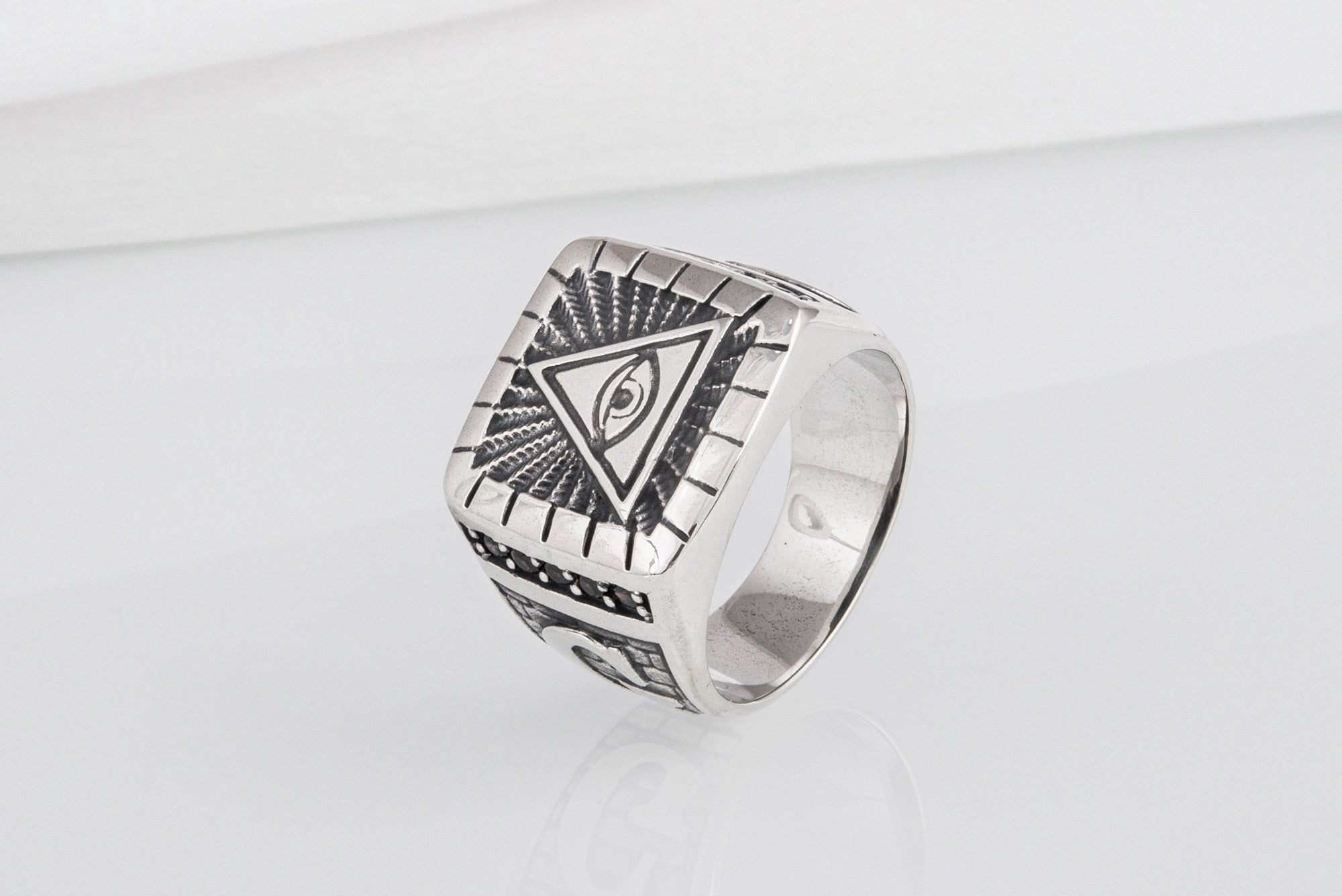 Unique Masonic sterling silver ring with Eye of Providence and G symbol on sides, handcrafted jewelry - vikingworkshop