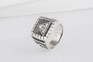 Unique Masonic sterling silver ring with Eye of Providence and G symbol on sides, handcrafted jewelry - vikingworkshop