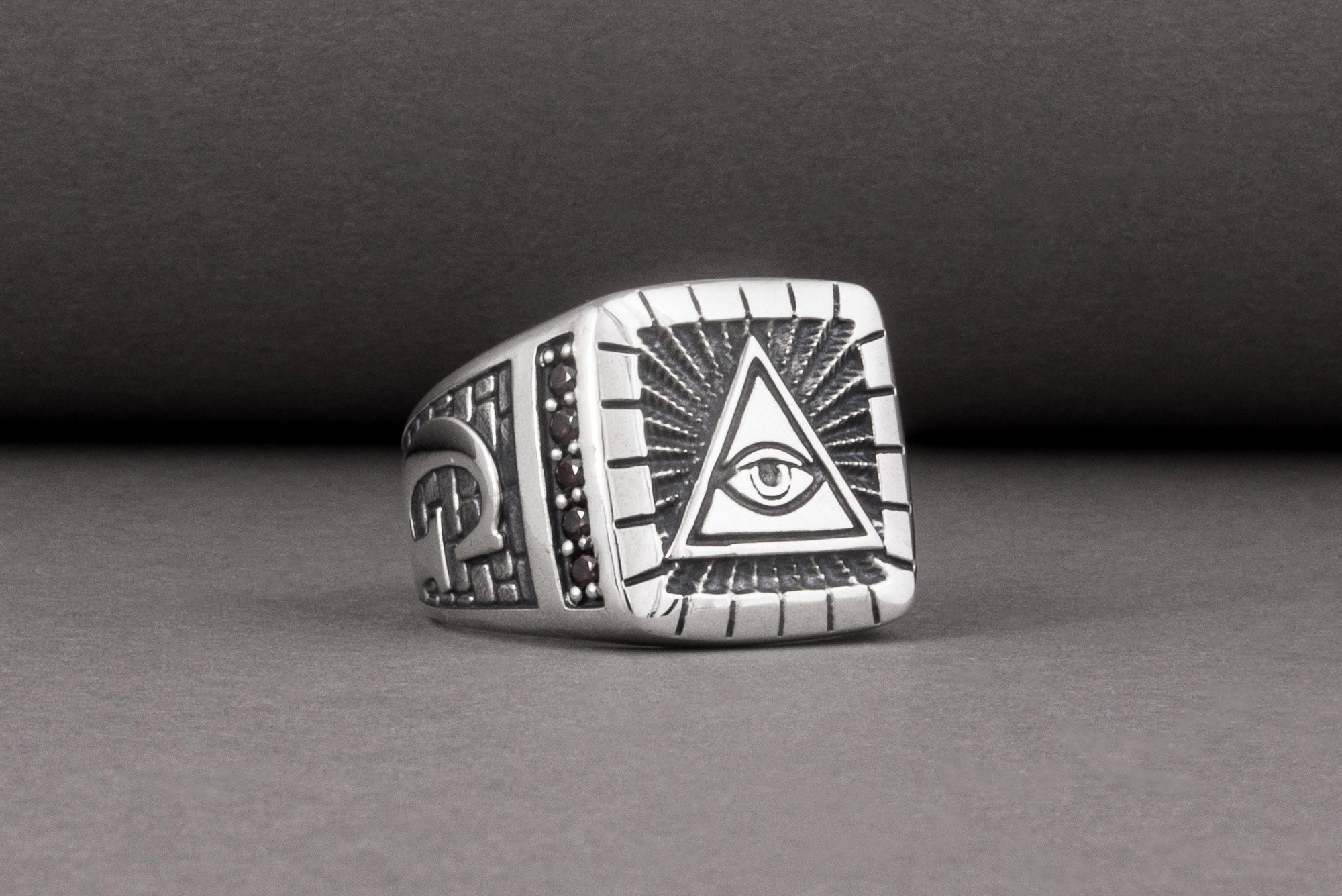 Unique Masonic sterling silver ring with Eye of Providence and G symbol on sides, handcrafted jewelry - vikingworkshop