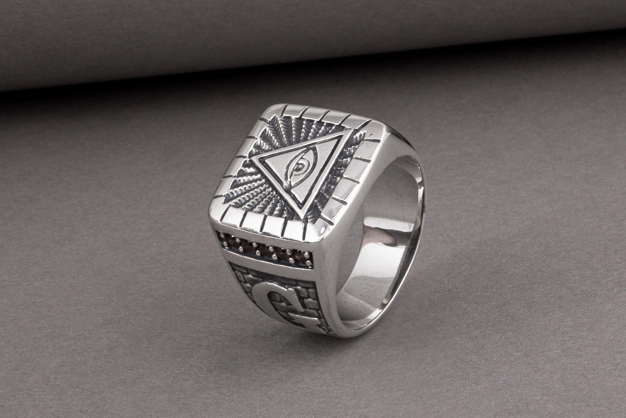 Unique Masonic sterling silver ring with Eye of Providence and G symbol on sides, handcrafted jewelry - vikingworkshop