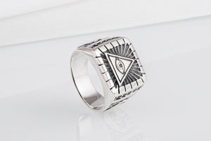 Unique Masonic sterling silver ring with Eye of Providence and G symbol on sides, handcrafted jewelry - vikingworkshop