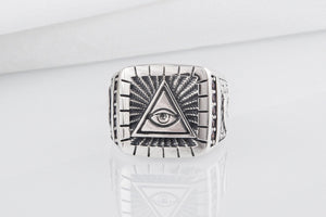 Unique Masonic sterling silver ring with Eye of Providence and G symbol on sides, handcrafted jewelry - vikingworkshop