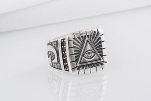 Unique Masonic sterling silver ring with Eye of Providence and G symbol on sides, handcrafted jewelry - vikingworkshop