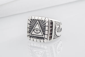 Unique Masonic sterling silver ring with Eye of Providence and G symbol on sides, handcrafted jewelry - vikingworkshop