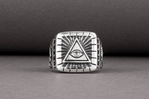 Unique Masonic sterling silver ring with Eye of Providence and G symbol on sides, handcrafted jewelry - vikingworkshop