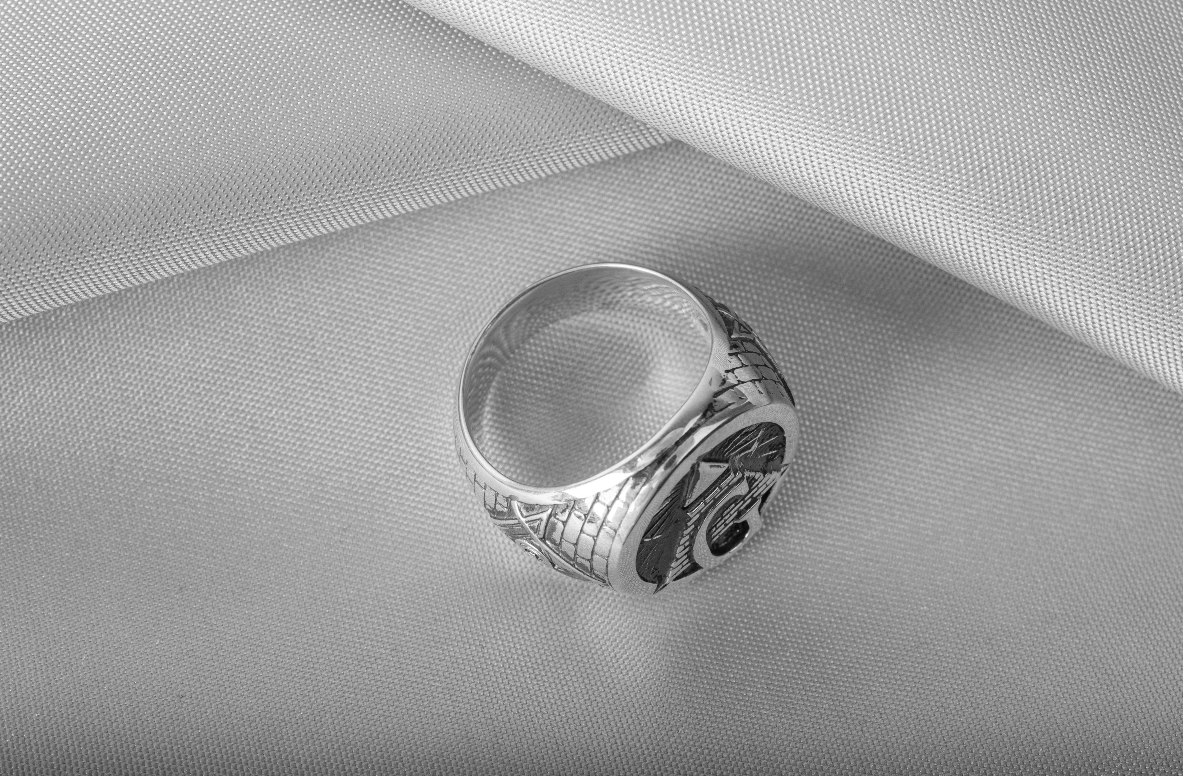 925 Silver Masonic Ring with G symbol and Bricks, unique handmade jewelry - vikingworkshop