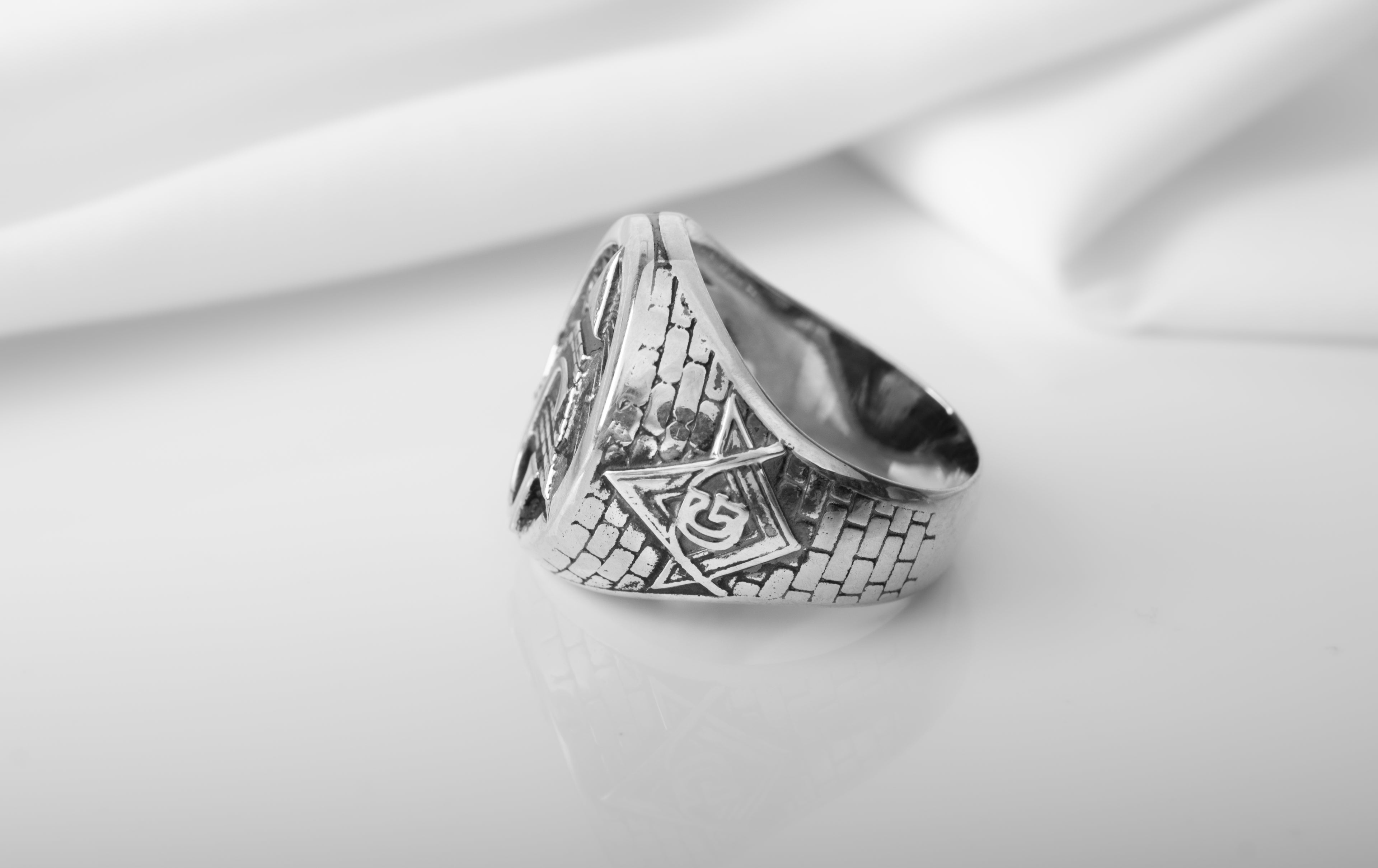 925 Silver Masonic Ring with G symbol and Bricks, unique handmade jewelry - vikingworkshop