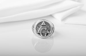 925 Silver Masonic Ring with G symbol and Bricks, unique handmade jewelry - vikingworkshop