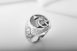 925 Silver Masonic Ring with G symbol and Bricks, unique handmade jewelry - vikingworkshop