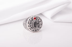 925 Silver Masonic Ring with G symbol and Leaves and Red Gem, unique jewelry - vikingworkshop