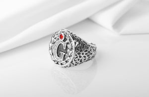 925 Silver Masonic Ring with G symbol and Leaves and Red Gem, unique jewelry - vikingworkshop