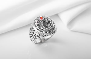 925 Silver Masonic Ring with G symbol and Leaves and Red Gem, unique jewelry - vikingworkshop