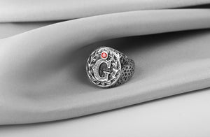 925 Silver Masonic Ring with G symbol and Leaves and Red Gem, unique jewelry - vikingworkshop