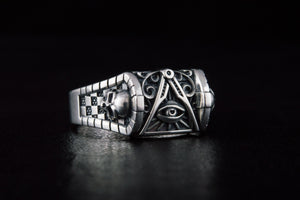 Masonic Symbol Ring with Skull Sterling Silver Handcrafted Jewelry - vikingworkshop